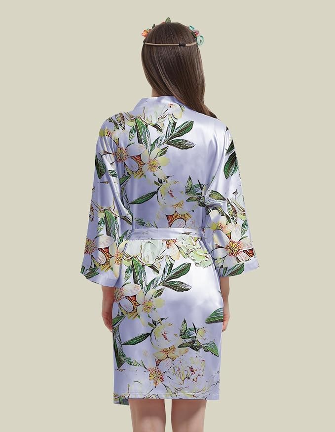 WJing Yi Jia Womens Satin Kimono Robe Silky Robes Floral Bathrobe Bride Bridesmaid Wedding Bridal Dressing Gown Loungewear