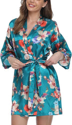 Women's Floral Satin Robes Bride Bridesmaid Getting Ready Robe Short Silky Kimono Sleepwear for Wedding Party