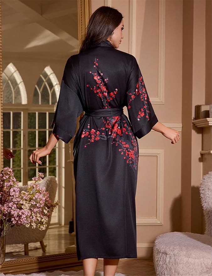 Kihnop Women's Floral Long Kimono Robe Long Satin Robe Long Silk Robe Ladies Kimonos Silky Bathrobe Cover Up, One Size