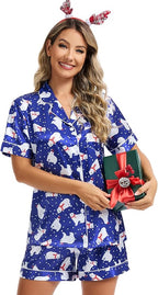 SWOMOG Womens Silk Satin Pajamas Set Short Sleeve Sleepwear Button Down Top and Shorts Loungewear 2 Piece Pjs Set XS-3XL