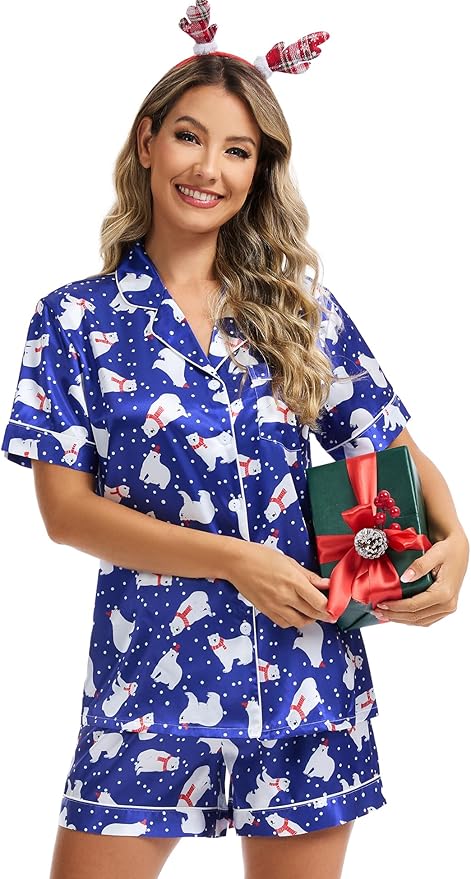 SWOMOG Womens Silk Satin Pajamas Set Short Sleeve Sleepwear Button Down Top and Shorts Loungewear 2 Piece Pjs Set XS-3XL