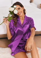 Ekouaer Satin Pajama Set for Women Button Down Silk 2 Piece Pj Sets Ruffle Short Sleeve Sleepwear