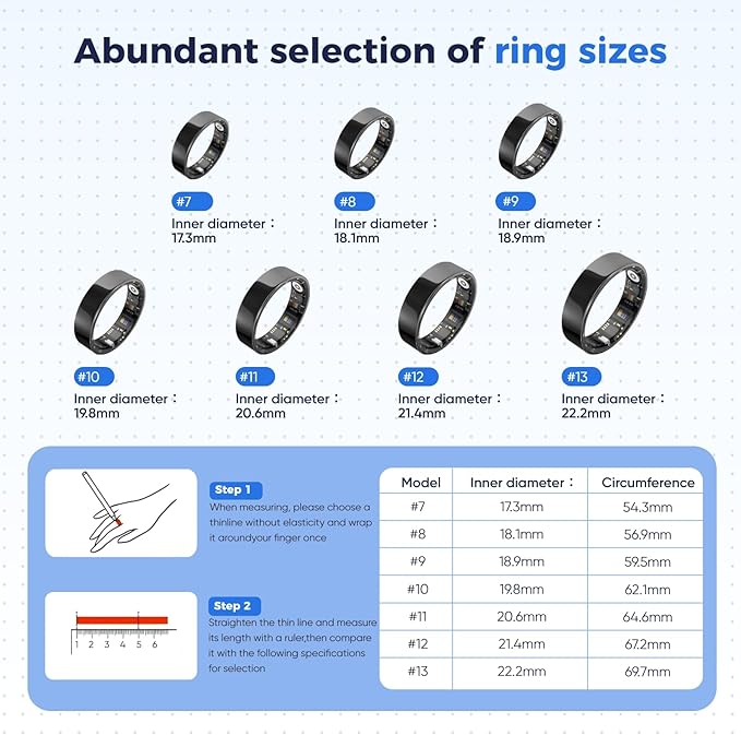 Smart Ring Health Tracker - IP68 Water Resistance, Sleep & Exercise Monitoring, iOS & Android Compatible, Long Lasting Battery Life, No Subscription Required, Unisex for Women & Men (Silver, 8)