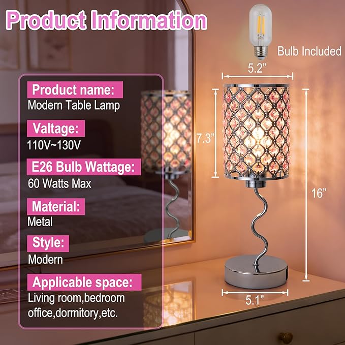 EOEYYOYB Crystal Table Lamp with 3 Way Dimmable Touch Control, Nightstand with USB A+C Ports, Modern Bedside Touch Lamp for Bedroom, Living Room, Office Reading, Pink