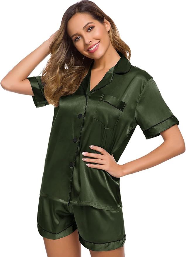 SWOMOG Womens Silk Satin Pajamas Set Short Sleeve Sleepwear Button Down Top and Shorts Loungewear 2 Piece Pjs Set XS-3XL