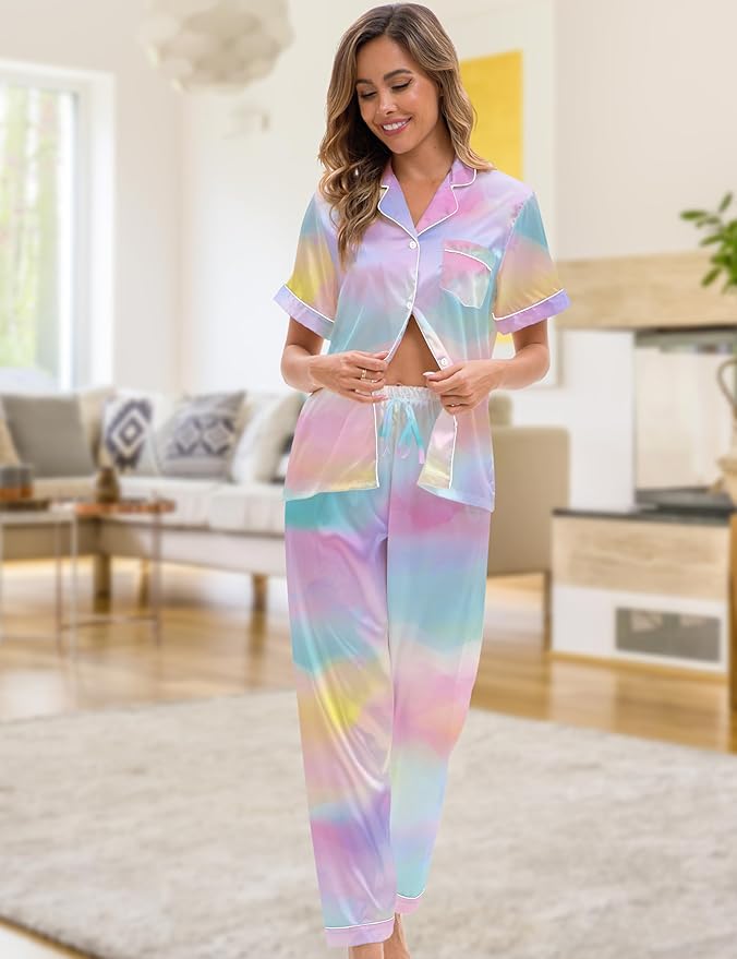 Silk Satin Pajama Set for Women 3-piece Short Sleeve Pajama with Pants Ruffle Shorts Cute Pj Set Button Down Sleepwear