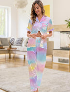 Silk Satin Pajama Set for Women 3-piece Short Sleeve Pajama with Pants Ruffle Shorts Cute Pj Set Button Down Sleepwear