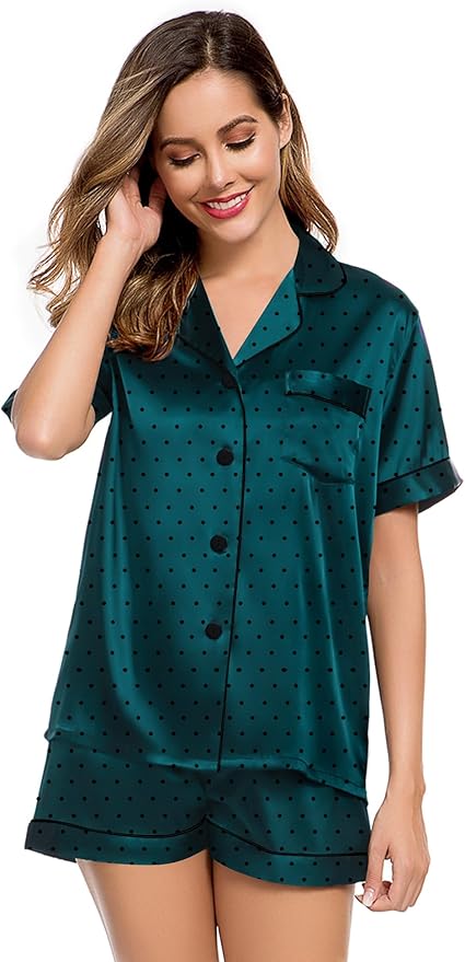 LecGee Womens Silk Satin Pajamas Short Sleeve Loungewear Two-Piece Sleepwear Button-Down Pj Set