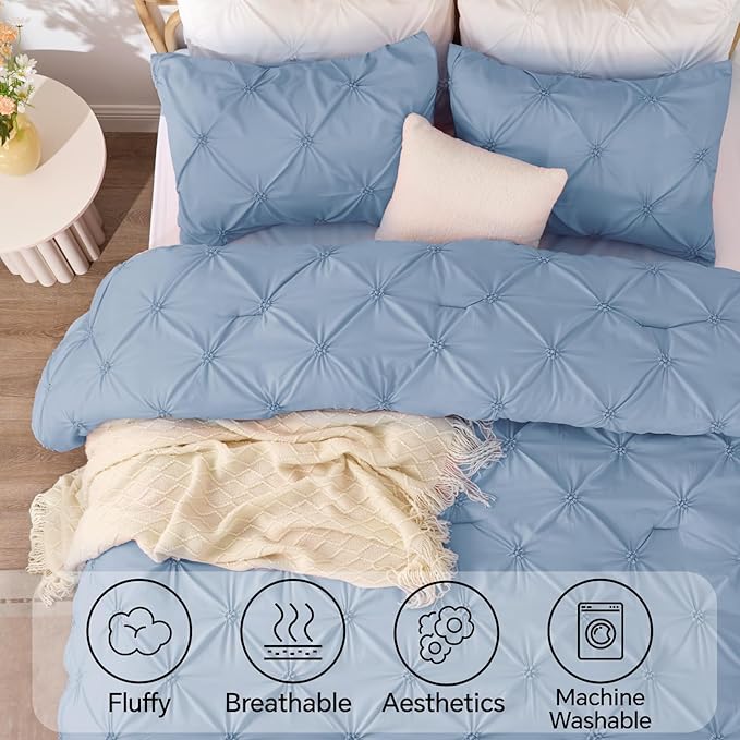 BEDELITE Cornflower Blue Twin Comforter Set - 2 Peices Boho Pintuck Bedding Comforter Sets, Lightweight Soft & Warm Twin Bedding Sets with 1 Pillowcase for All Season