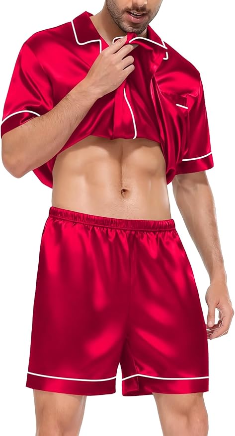SWOMOG Satin Matching Pajamas Sets Couple Silk Button Down Nightwear Women & Men Short Sleeve Sleepwear 2 Pieces Loungewear