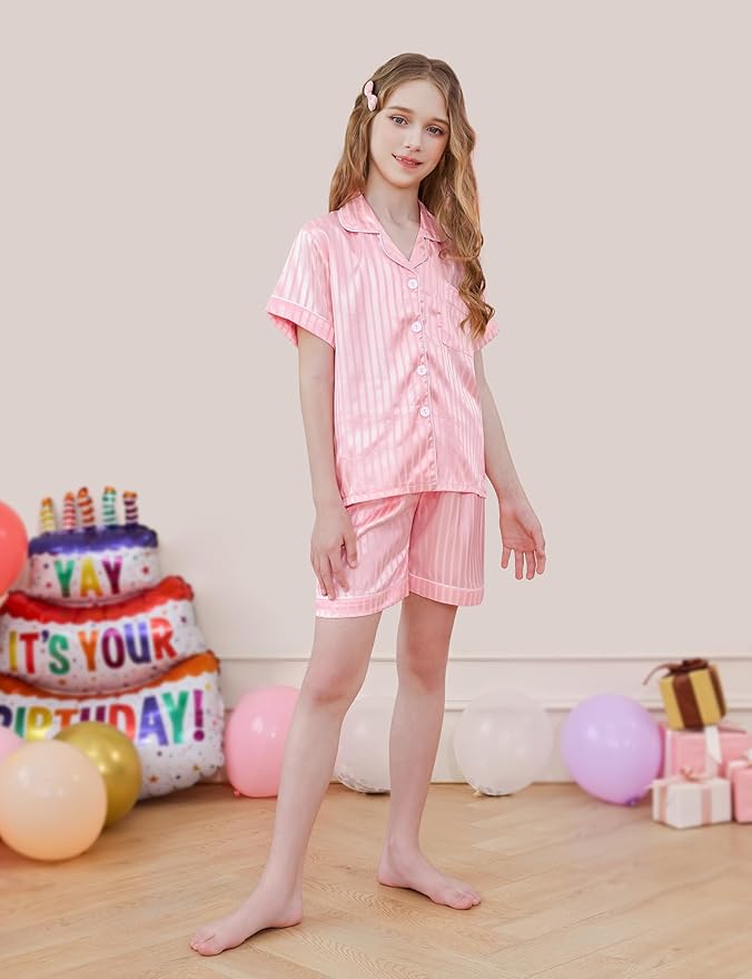 DIPUG 3 Piece Girls Silk Pajamas Set Soft Satin PJs Sleepwear for Comfortable Nights