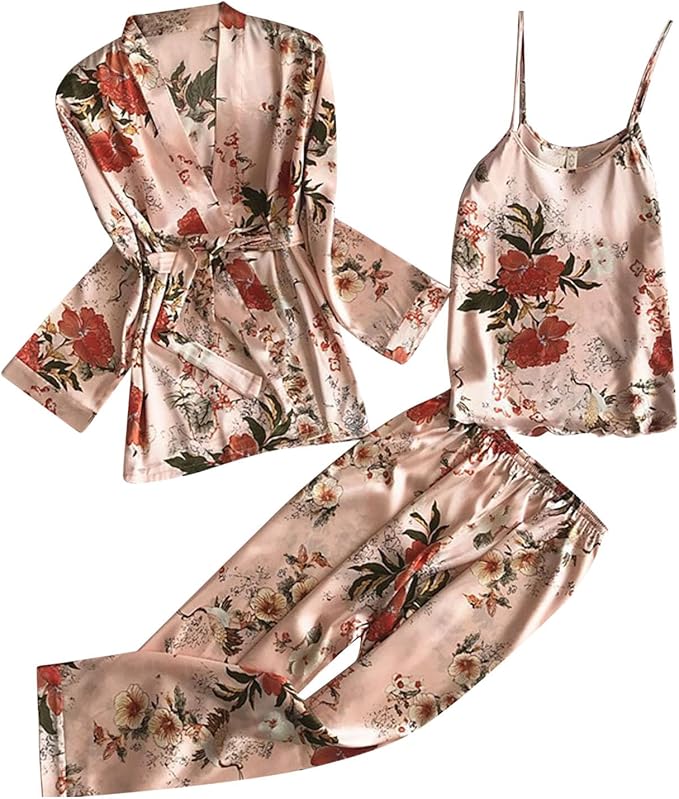 3 Piece Floral Pajama Set for Women Silk Satin Printed Cami Tops and Pants Set with Robe Sleepwear Loungewear Pj Sets