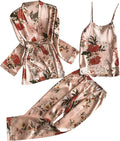 3 Piece Floral Pajama Set for Women Silk Satin Printed Cami Tops and Pants Set with Robe Sleepwear Loungewear Pj Sets