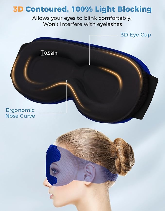 Sleep Mask with Bluetooth Headphones, Removable 3D Contoured Cup, Wireless Eye Mask for Sleep, Sleeping Headphones with Thin Stereo Speakers for Men, Women, Travel, Relaxation - Blue