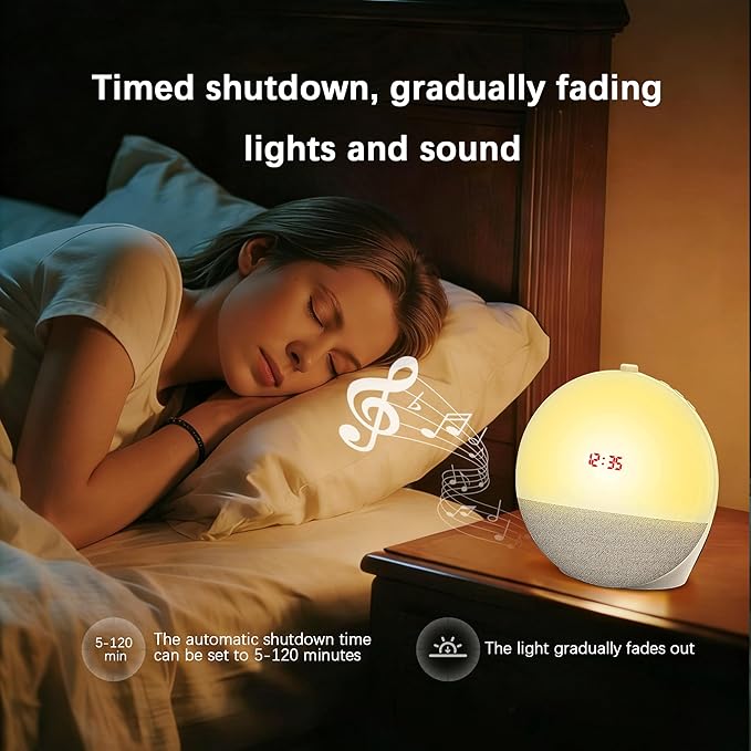 Sunrise Alarm Clock Wake Up Light, White Noise Machine Sleep Aid with 8 Soothing Sounds, Bluetooth Speaker & 10 Color RGB Atmosphere Lights, Dual Alarms, Dimmable Natural Light for Bedroom