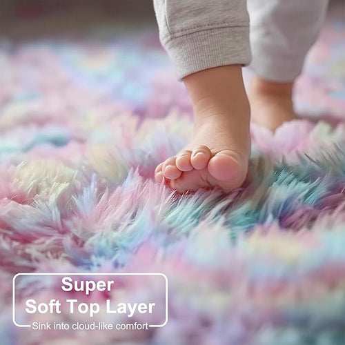 Amdrebio Rainbow 2x3 Small Area Rugs for Girls Bedroom Kids Room Decor, Pastel Colorful Rug for Playroom Preppy Dorm, Cute Unicorn Shaggy Rug for Baby Princess, Kawaii Fluffy Plush Carpet for Nursery