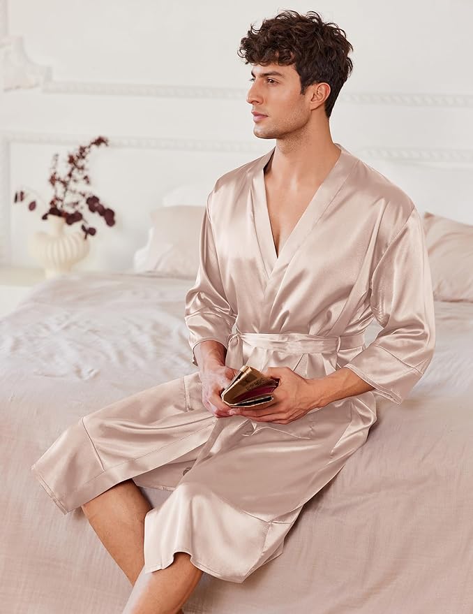 Ekouaer Mens Satin Robe Lightweight Silky Kimono Bathrobe 3/4 Sleeve Spa Knee Length Loungewear with Pockets S-3XL