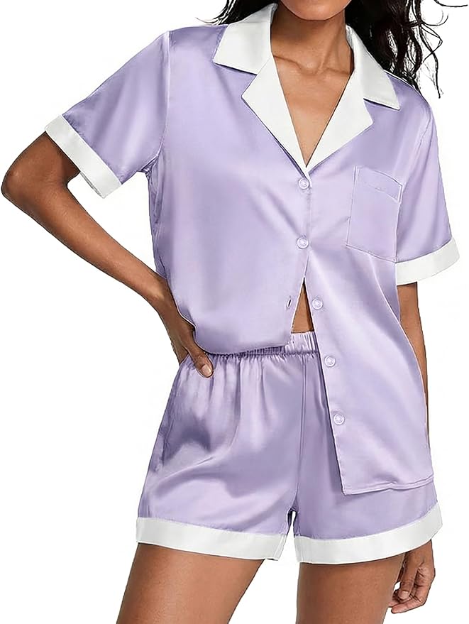 Ekouaer Womens Silk Satin Pajamas Set Short Sleeve Sleepwear Button Down Loungewear 2 Piece Pjs Shorts Set