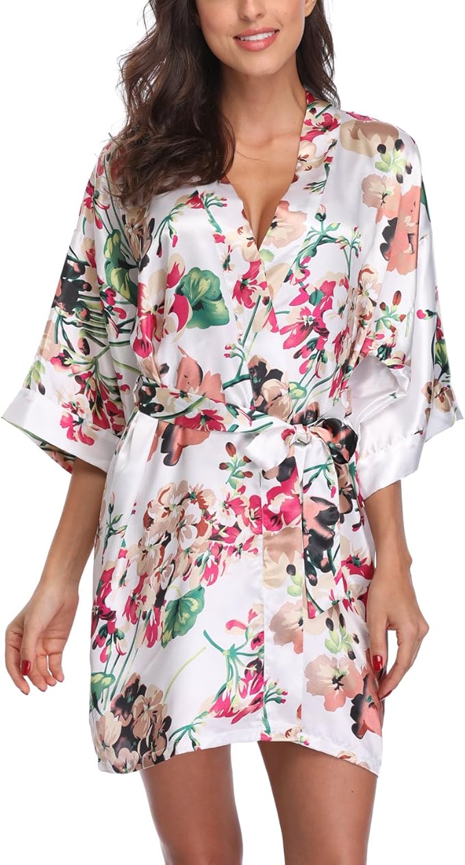 Women's Floral Satin Robes Bride Bridesmaid Getting Ready Robe Short Silky Kimono Sleepwear for Wedding Party
