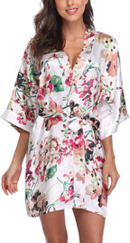 Women's Floral Satin Robes Bride Bridesmaid Getting Ready Robe Short Silky Kimono Sleepwear for Wedding Party