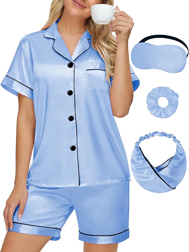 DOLOS Silk Satin Pajama Set for Women Short/Long Sleeve 2-Piece Silky Pajamas for Women Button Down Pjs Sleepwear Loungewear
