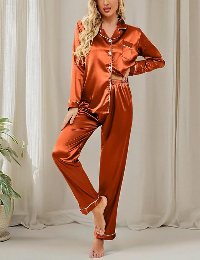 Ekouaer Women's Classic Button Down Long Satin Silk Pajama Set