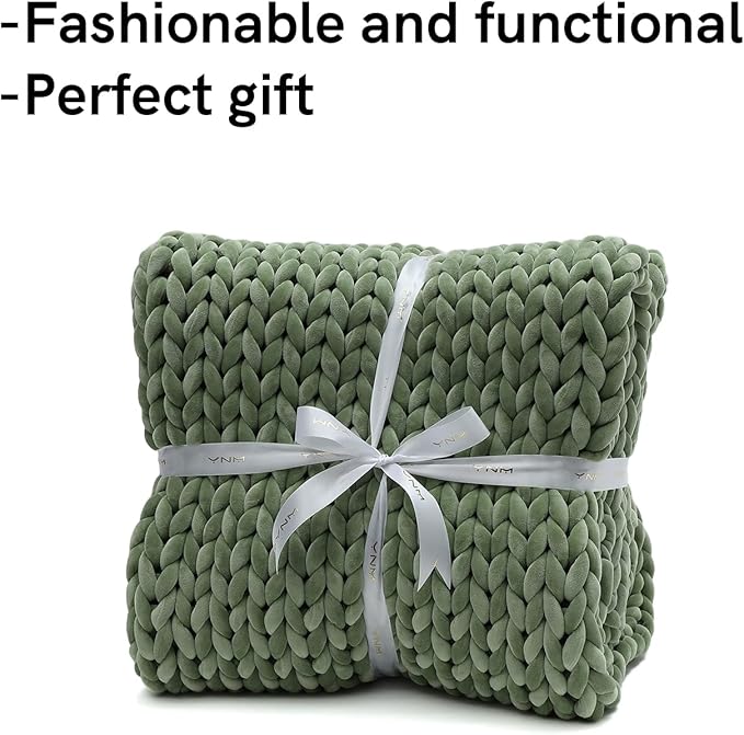 YnM Velvet Weighted Blanket, Handmade Chunky Knitted Design, Soft and Cozy, Temperature Regulating and Breathable, Machine Washable Throw for Sleep or Home Decor (Avocado Green, 80x87 Inch, 25lbs)