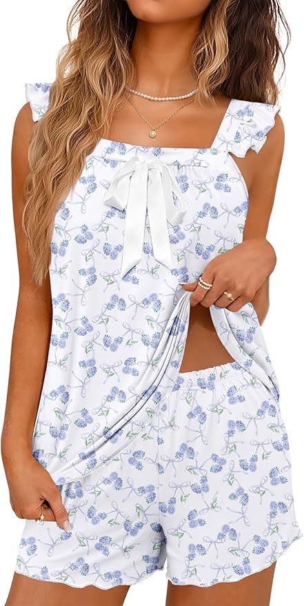 Ekouaer Women's Pajamas Sets 2 Piece Bow Bridal Pajama Cute Tank Top and Shorts Pjs Soft Ruffle Sleepwear XS-2XL