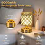 TOBUSA Gold Rechargeable Cordless Table Lamp, 6000mAh Crystal Battery Operated Lamp with 3 Color Temps & Stepless Dimming, Portable Bedside Touch Small Desk Lamp, Vintage Wireless LED Night Light