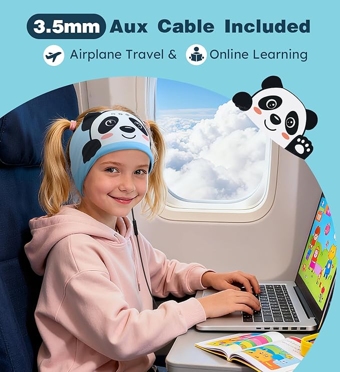 Toddler Headband Headphones Wireless, Kids Bluetooth Earphones for iPad, Safe Volume - Wired School Headphones with 3.5 MM Jack, Sleep Mask for Kids, Travel Accessories Gift for Boys & Girls (Panda)