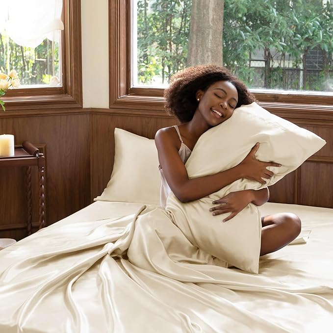 CozyLux Satin Sheets Full Size Sheets - 6 Piece Silky Full Size Bed Sheets, Luxury Champagne Full Bed Set with Smooth and Soft Microfiber, Includes 1 Fitted Sheet, 1 Flat Sheet and 4 Pillowcases