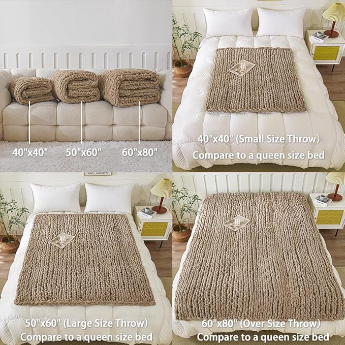 WESHIONGOO Chunky Knit Blanket Throw 51"×63" Knitted Throw Blankets for Couch Bed Fluffy Soft Blanket with Jumbo Chenille Yarn Thick 100% Handmade (Brown)