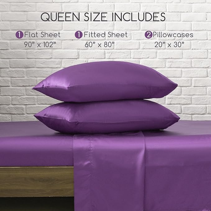 MR&HM Satin Bed Sheets, Queen Size Sheets Set, 4 Pcs Silky Bedding Set with 15 Inches Deep Pocket for Mattress (Queen, Lavender)
