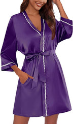 Ekouaer Women's Satin Robe Short Bridesmaid Bride Feather Bridal Robe Kimono Silky Long Sleeve Bathrobe S-XXL