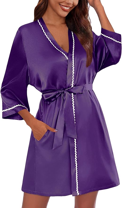 Ekouaer Women's Satin Robe Short Bridesmaid Bride Feather Bridal Robe Kimono Silky Long Sleeve Bathrobe S-XXL