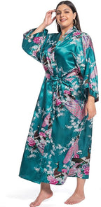 Women's Floral Long Satin Robes Plus Size Long Silk Robes Peacock Floral Kimonos Sleepwear Dressing Gown