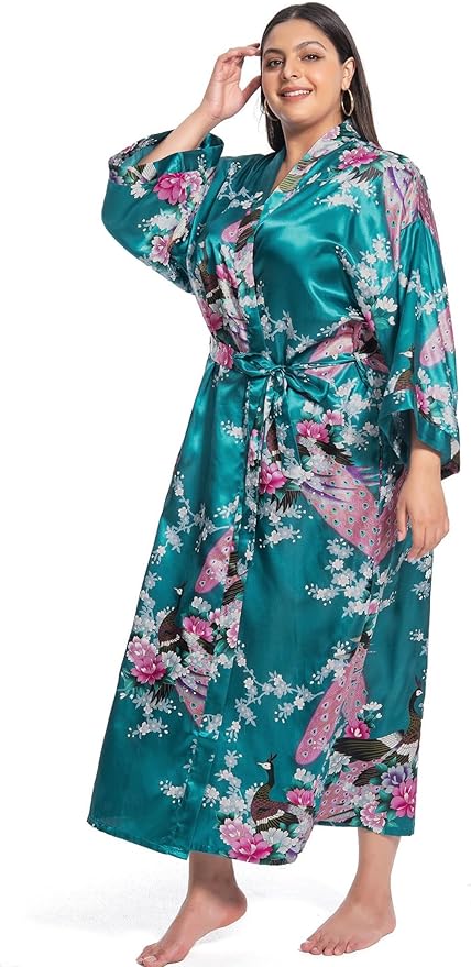 Women's Floral Long Satin Robes Plus Size Long Silk Robes Peacock Floral Kimonos Sleepwear Dressing Gown