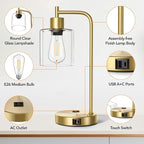 QiMH Set of 2 Industrial Touch Control Table Lamps with 2 USB Ports and 2 AC Outlets, 3-Way Dimmable Bedside Nightstand Reading Lamps with 2700K LED Bulbs, Glass Desk Lamp for Living Room,Bedroom
