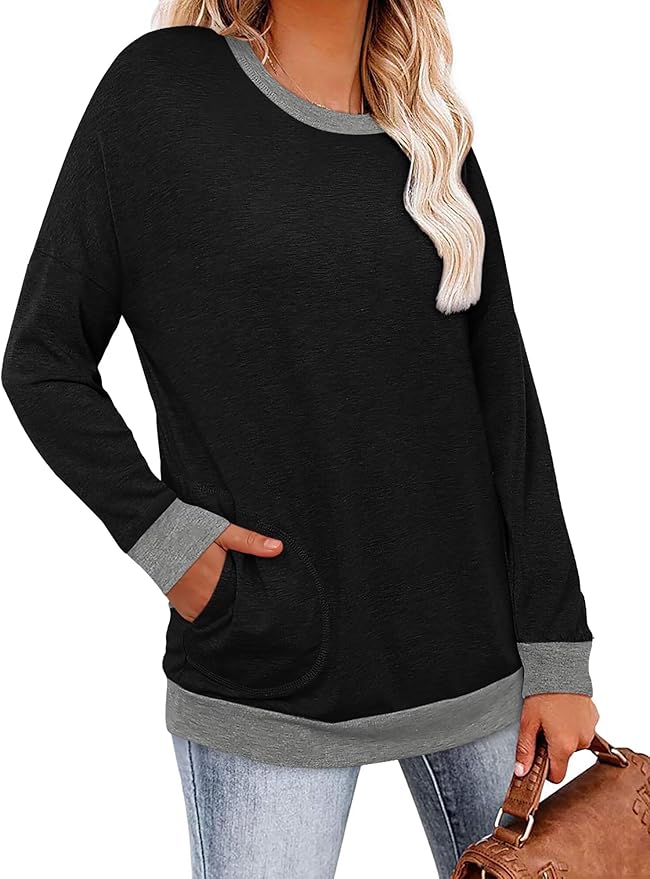 Magritta Women's Long Sleeve Leopard Color Block Tunic Comfy Crewneck T Shirt Tops Black XL