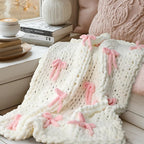 Mindsoft Pink Bow Chunky Knit Blanket Throw Large 50" X 60" 100% Handmade Cream Chenille Loop Yarn Fluffy Soft Knitted Throw Big Cozy Thick Cable Knit Crochet Blanket for Couch Sofa Bed