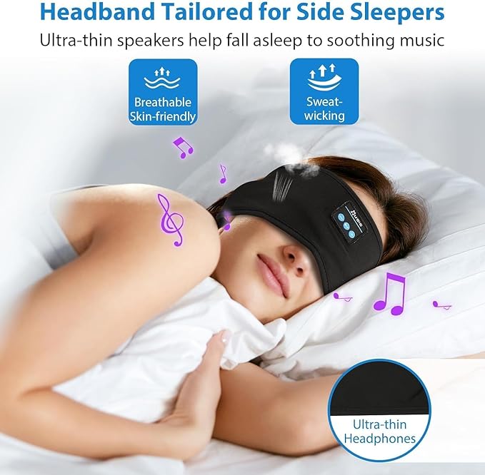 Adjustable Headband Headphones, Sleeping Headphones with Ultra-Thin Speakers, Wireless Headband for Side Sleepers, Yoga, Running, Workout, Travel-Black