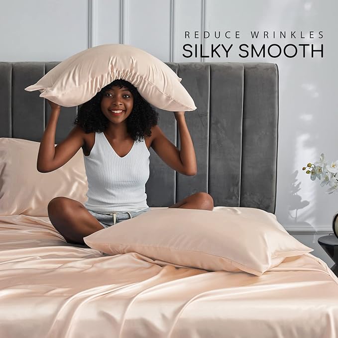 MR&HM Satin Bed Sheets, California King Size Sheets Set, 4 Pcs Silky Bedding Set with 15 Inches Deep Pocket for Mattress (California King, Champagne)