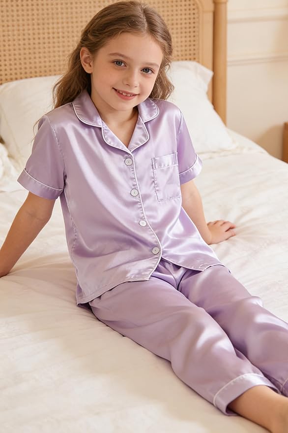 Hupohoi Unisex Girls Boys Kids Pajama Sets Button Down Satin Sleepwear Nighty 3PCS Silky Lounge Sets Nightwear