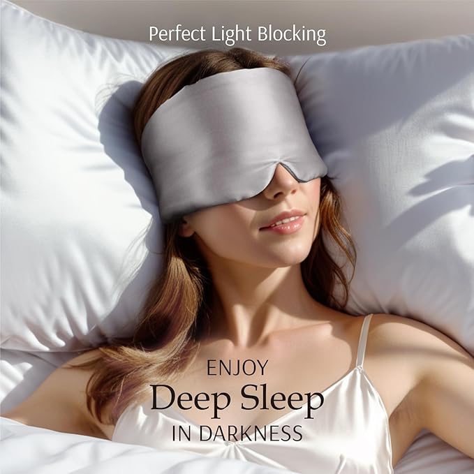 Zenssia 100% Mulberry Silk Sleep Mask Eye Mask for Man and Woman with Adjustable Headband, Full Size Large Sleep Mask & Blindfold for Total Blackout for All Night Sleep, Travel & Nap-Silvergrey