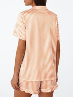 LILLUSORY Womens Satin Silk Pajamas Set 2 Piece Ruffle Pjs Winter Matching Lounge Sleepwear Button Down Striped Shirt Shorts
