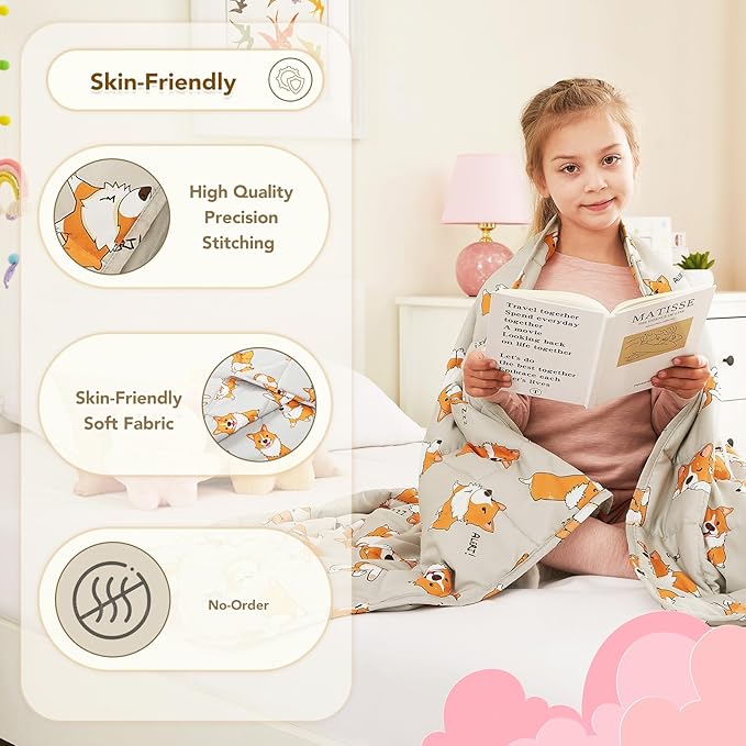 CuteKing Weighted Blanket (7lbs, 40"x 60", CuteDog) Heavy Blanket for 60-80lbs, Weighted Blanket for Cooling & Heating with Premium Glass Beads, Thick Blanket All-Season