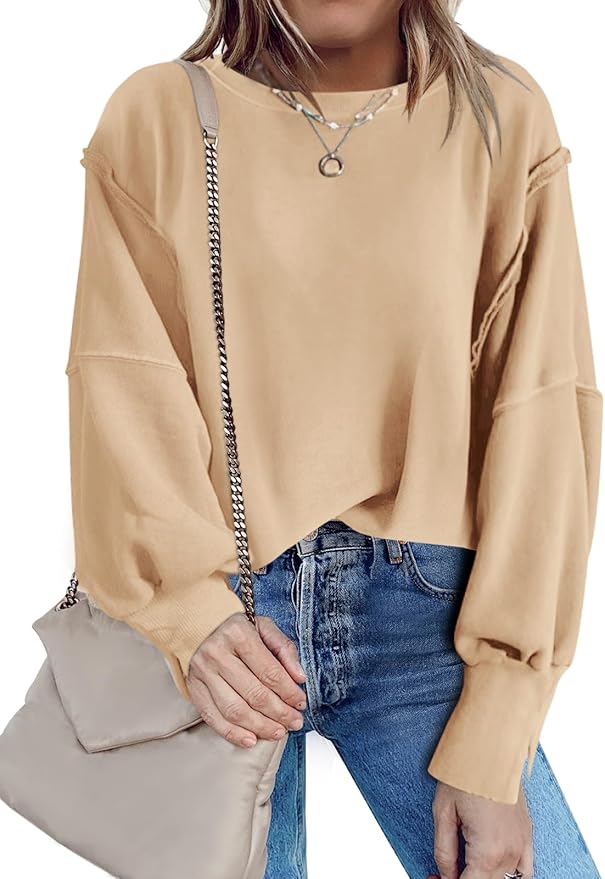 Nirovien Womens Oversized Crewneck Sweatshirt Side Slit Long Sleeve Pullover Slouchy Fit Tops