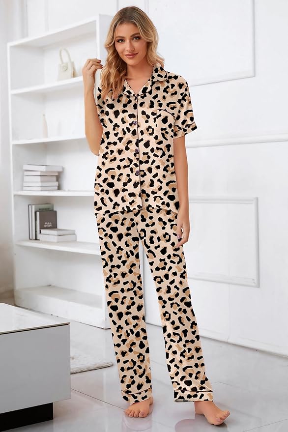 Umeyda Girls Womens Pajamas Set, Satin Silky Button Down Loungewear 2 Piece Short Sleeve Pants PJS Sets for Mommy Kids