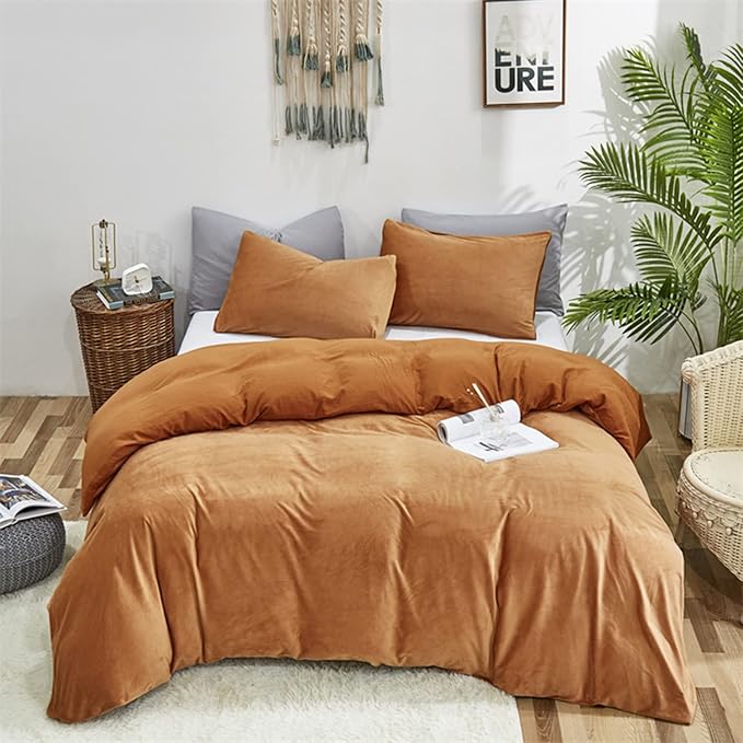 Luxlovery Pumpkin Velvet Comforter Set Full Rust Flannel Bedding Comforter Set Full Size Terracotta Warm Thick Winter Blanket Quilts Dusty Burnt Orange 3 Piece Bedding Set for Women Men
