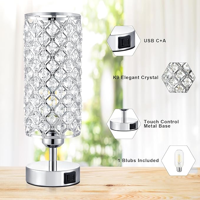 Crystal Touch Lamp with Touch Control, Sliver Table Lamp with USB-C+A Ports, 3 Way Dimmable Bedside Lamp Decorative Modern Nightstand Lamp, Bedroom Light for Living Room Side Table(Bulb Included)